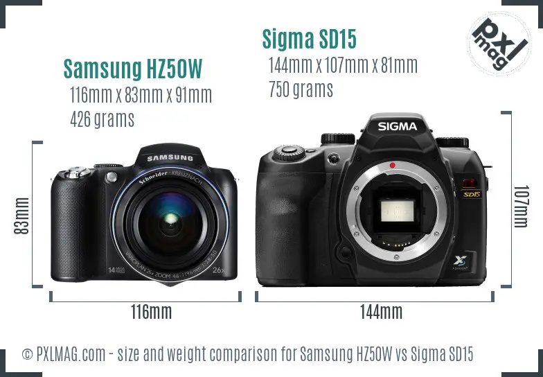 Samsung HZ50W vs Sigma SD15 size comparison