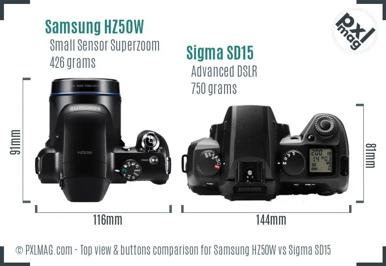 Samsung HZ50W vs Sigma SD15 top view buttons comparison