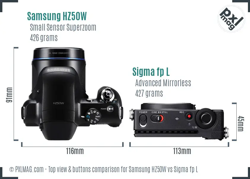 Samsung HZ50W vs Sigma fp L top view buttons comparison