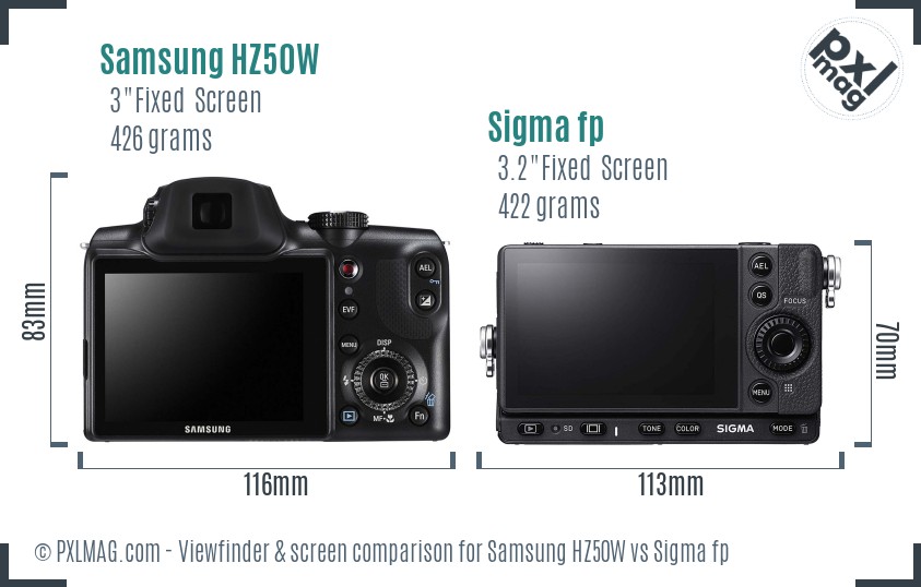 Samsung HZ50W vs Sigma fp Screen and Viewfinder comparison