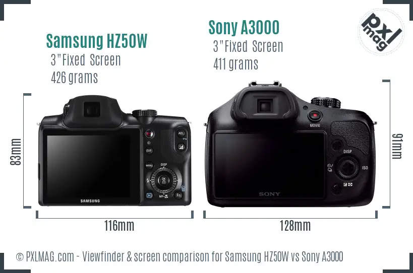 Samsung HZ50W vs Sony A3000 Screen and Viewfinder comparison