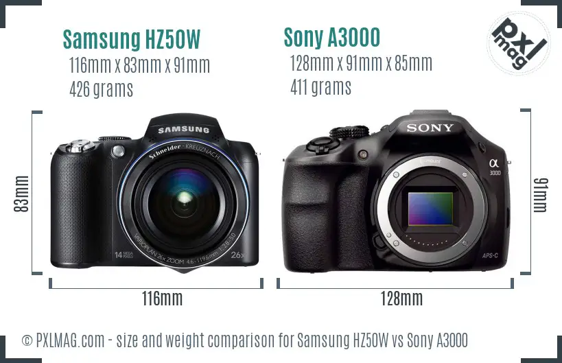 Samsung HZ50W vs Sony A3000 size comparison