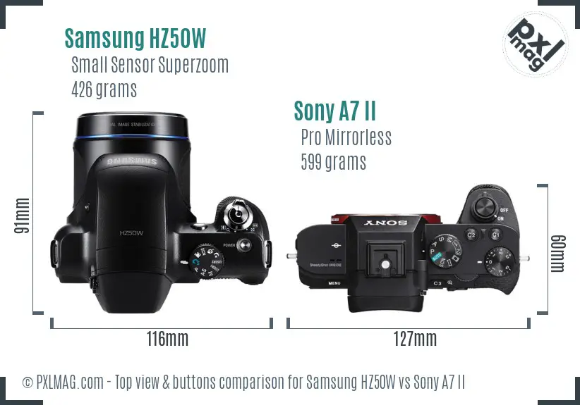 Samsung HZ50W vs Sony A7 II top view buttons comparison