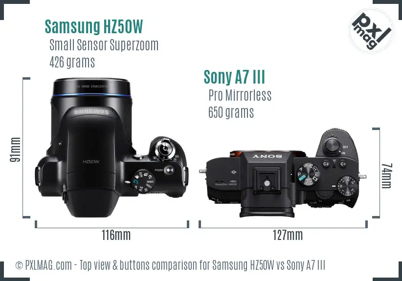 Samsung HZ50W vs Sony A7 III top view buttons comparison