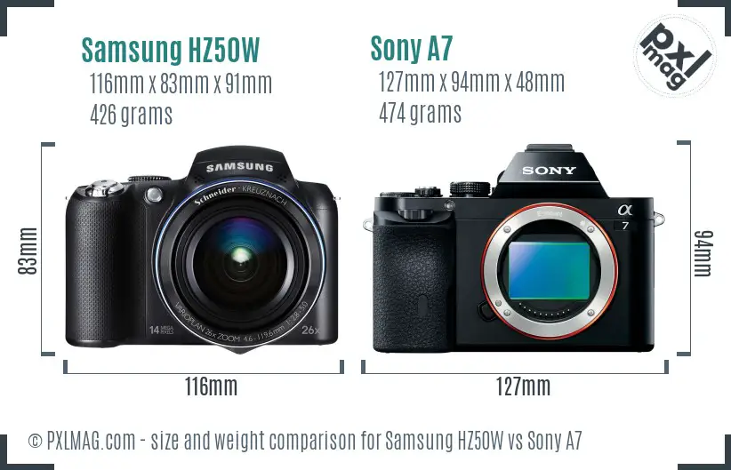 Samsung HZ50W vs Sony A7 size comparison