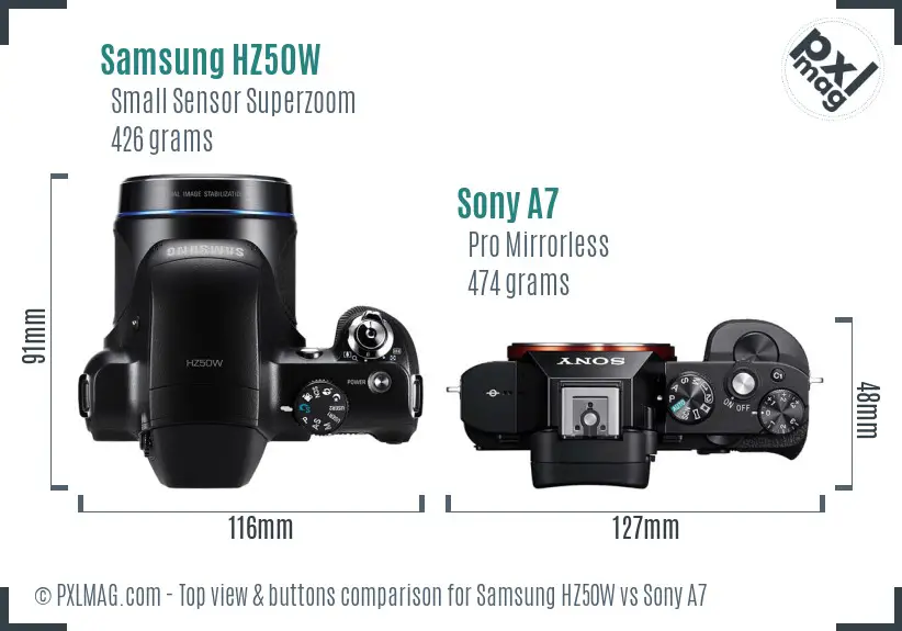 Samsung HZ50W vs Sony A7 top view buttons comparison