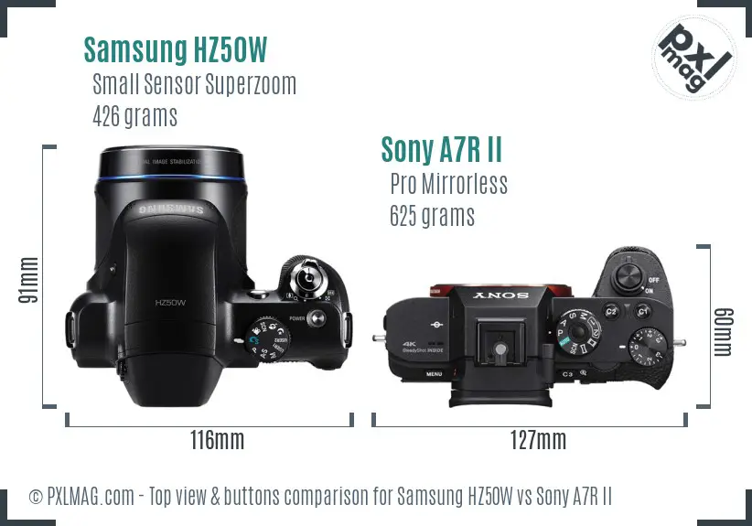 Samsung HZ50W vs Sony A7R II top view buttons comparison