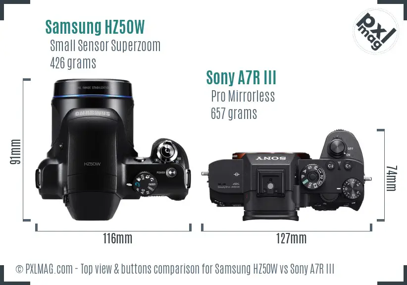 Samsung HZ50W vs Sony A7R III top view buttons comparison