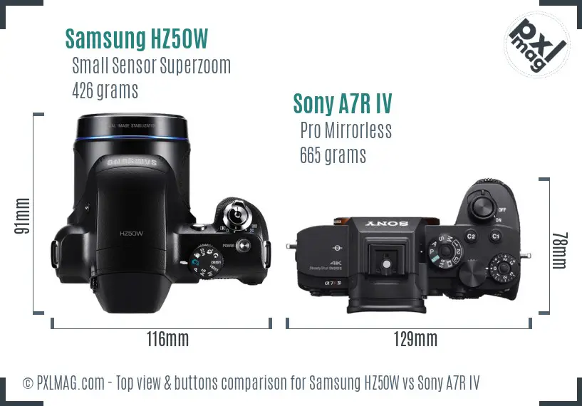 Samsung HZ50W vs Sony A7R IV top view buttons comparison