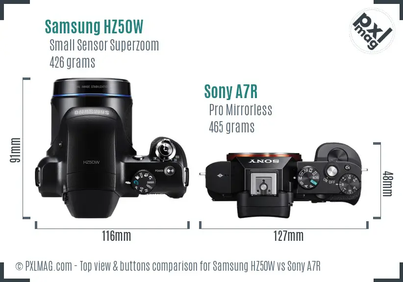 Samsung HZ50W vs Sony A7R top view buttons comparison