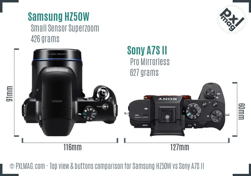 Samsung HZ50W vs Sony A7S II top view buttons comparison