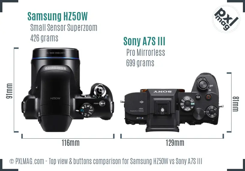 Samsung HZ50W vs Sony A7S III top view buttons comparison