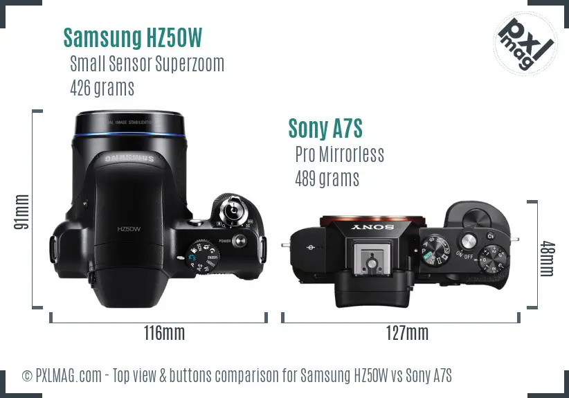 Samsung HZ50W vs Sony A7S top view buttons comparison