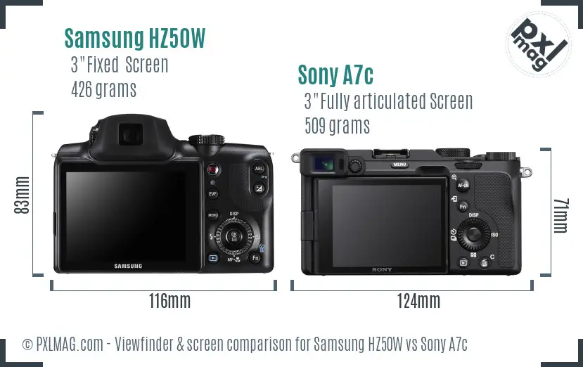 Samsung HZ50W vs Sony A7c Screen and Viewfinder comparison