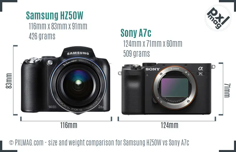 Samsung HZ50W vs Sony A7c size comparison