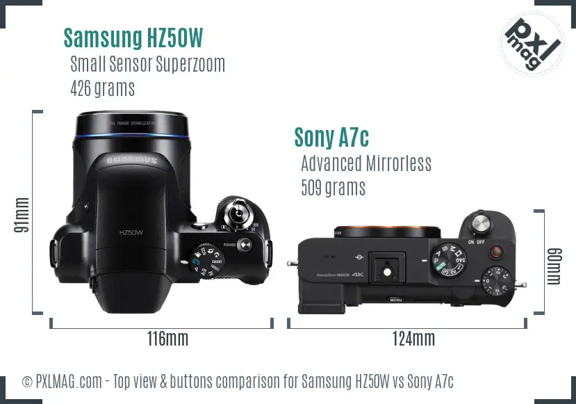 Samsung HZ50W vs Sony A7c top view buttons comparison