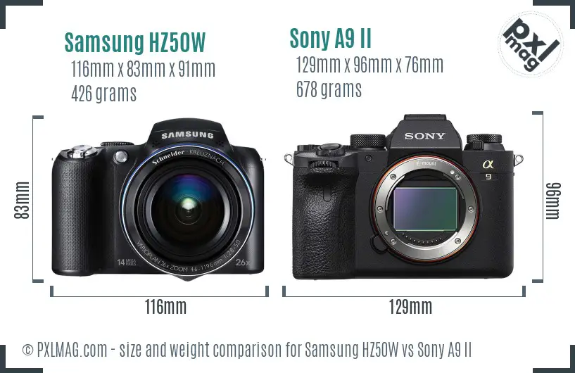 Samsung HZ50W vs Sony A9 II size comparison