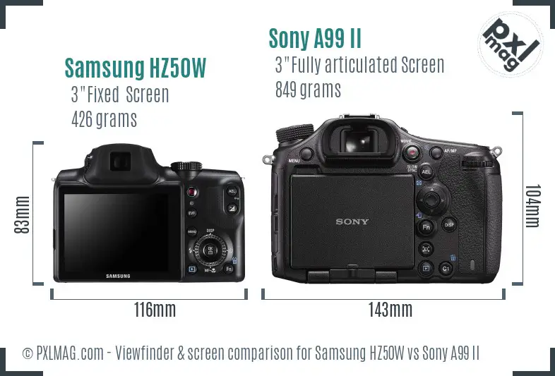 Samsung HZ50W vs Sony A99 II Screen and Viewfinder comparison
