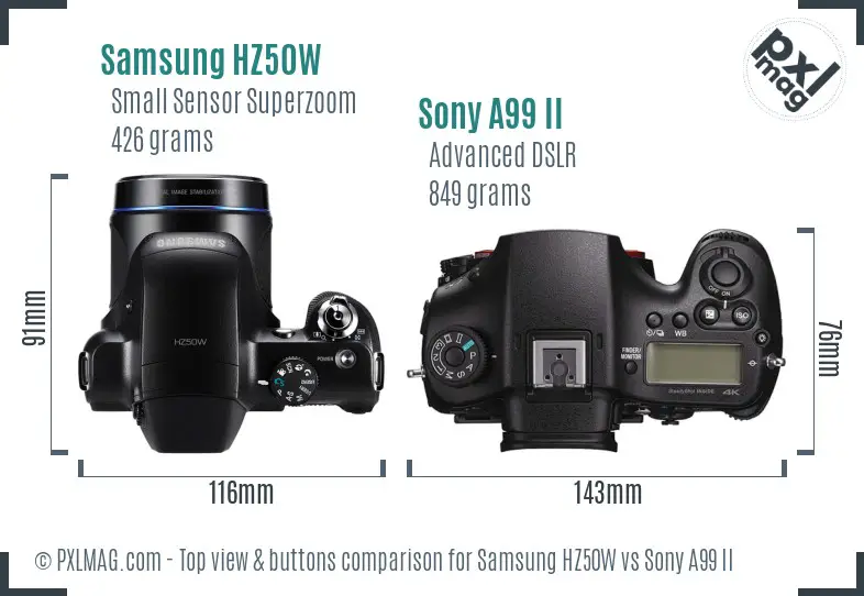 Samsung HZ50W vs Sony A99 II top view buttons comparison