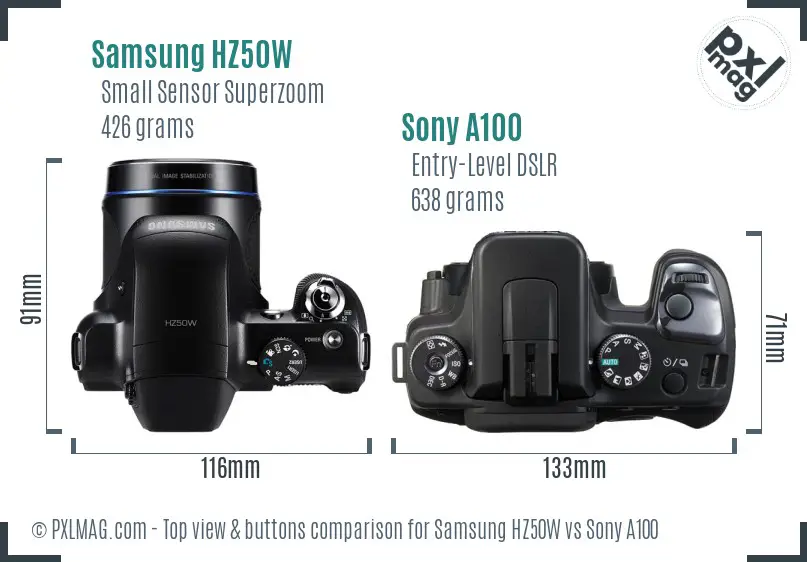 Samsung HZ50W vs Sony A100 top view buttons comparison