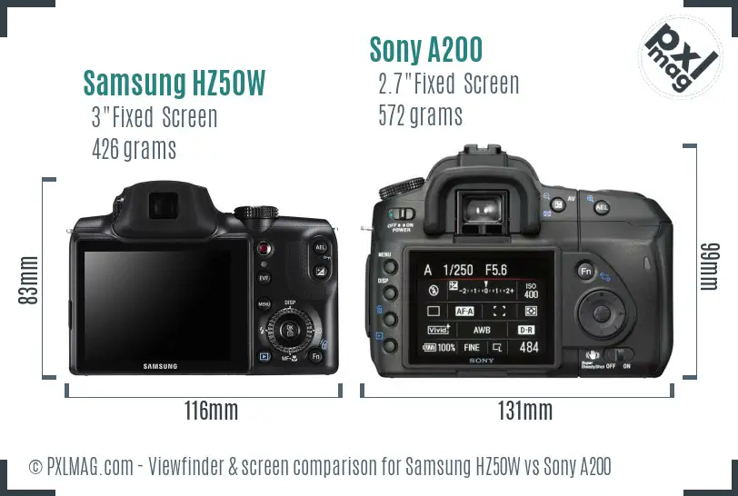 Samsung HZ50W vs Sony A200 Screen and Viewfinder comparison