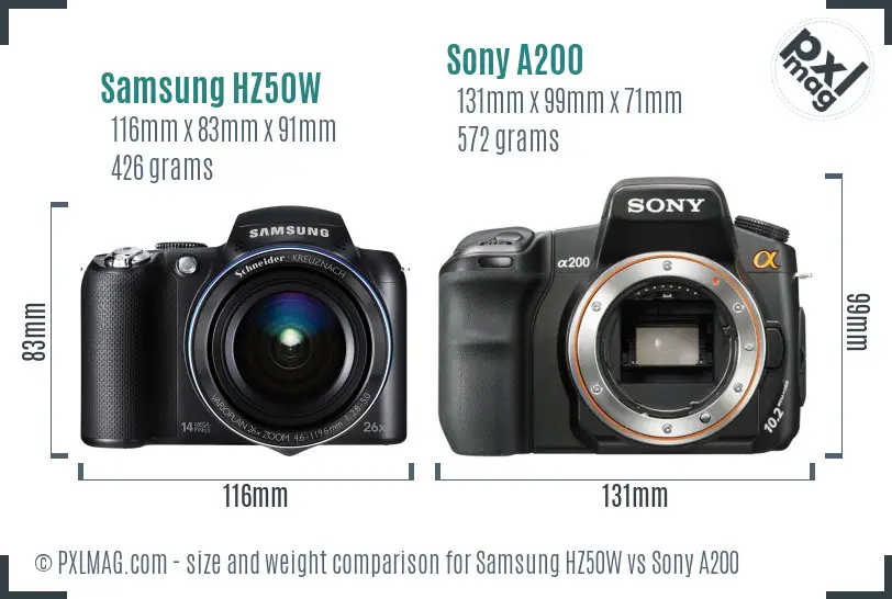 Samsung HZ50W vs Sony A200 size comparison