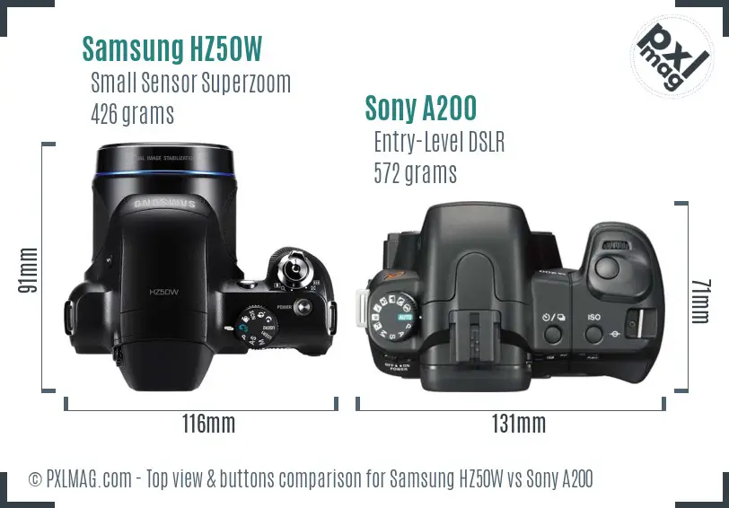 Samsung HZ50W vs Sony A200 top view buttons comparison