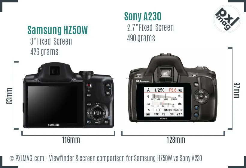 Samsung HZ50W vs Sony A230 Screen and Viewfinder comparison