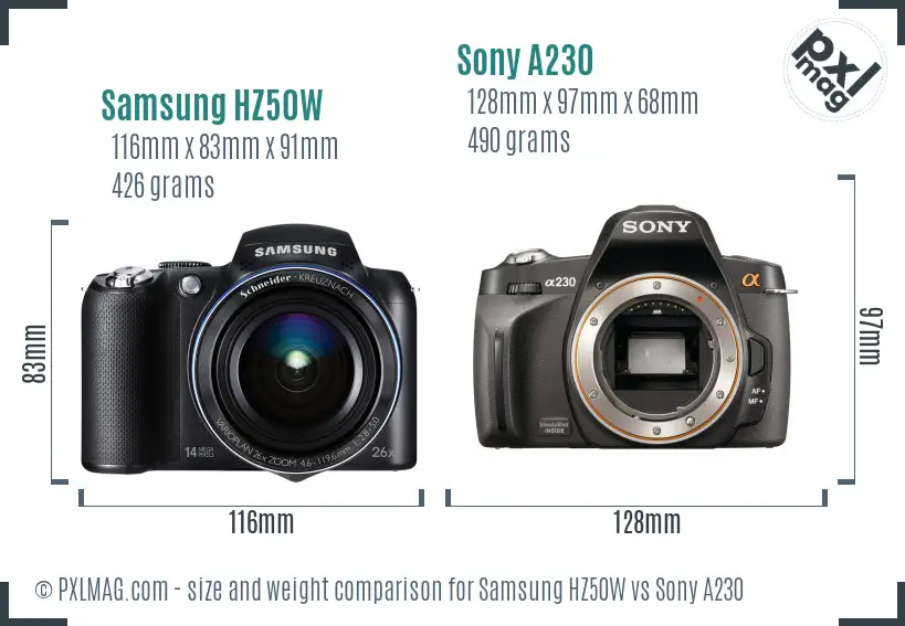 Samsung HZ50W vs Sony A230 size comparison
