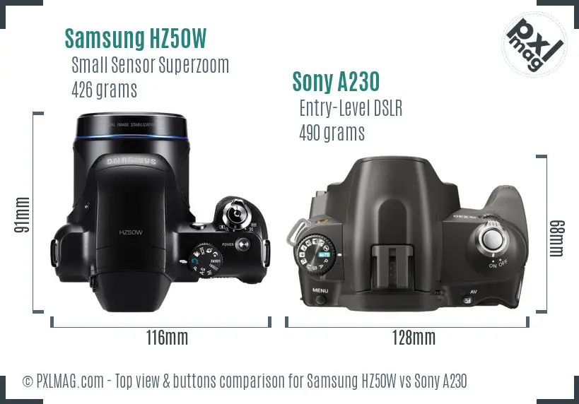 Samsung HZ50W vs Sony A230 top view buttons comparison