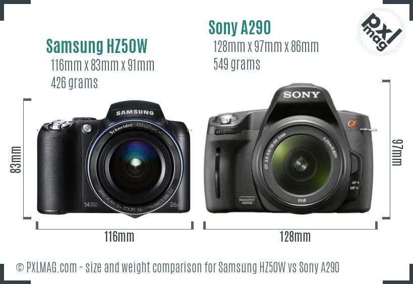Samsung HZ50W vs Sony A290 size comparison
