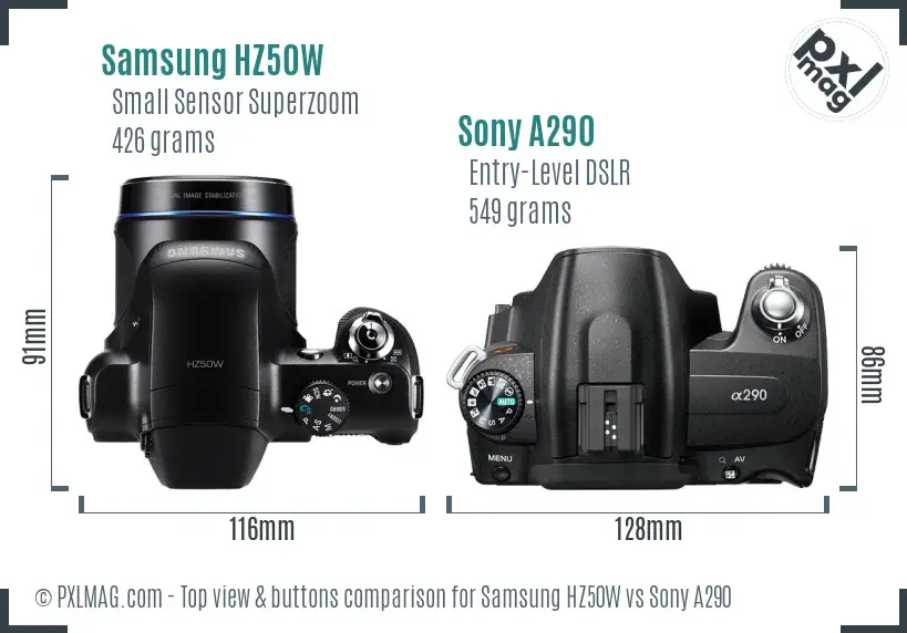 Samsung HZ50W vs Sony A290 top view buttons comparison