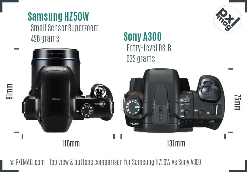 Samsung HZ50W vs Sony A300 top view buttons comparison