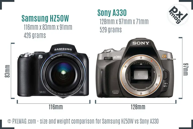 Samsung HZ50W vs Sony A330 size comparison