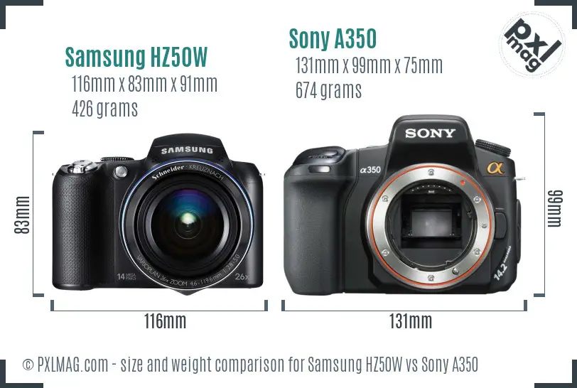 Samsung HZ50W vs Sony A350 size comparison