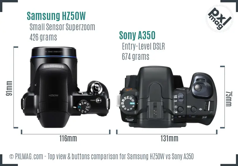 Samsung HZ50W vs Sony A350 top view buttons comparison