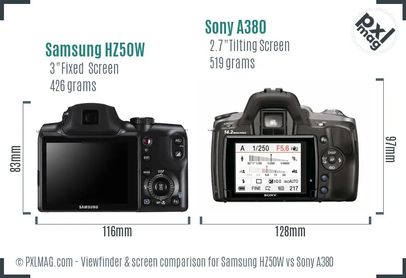 Samsung HZ50W vs Sony A380 Screen and Viewfinder comparison