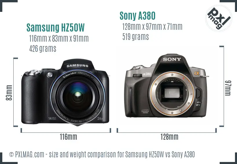 Samsung HZ50W vs Sony A380 size comparison
