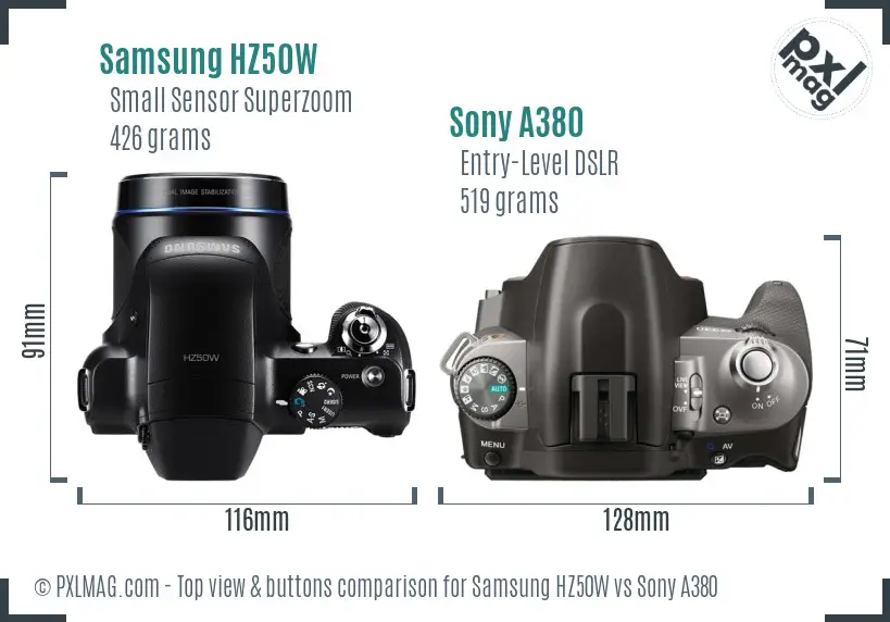 Samsung HZ50W vs Sony A380 top view buttons comparison