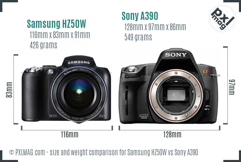 Samsung HZ50W vs Sony A390 size comparison
