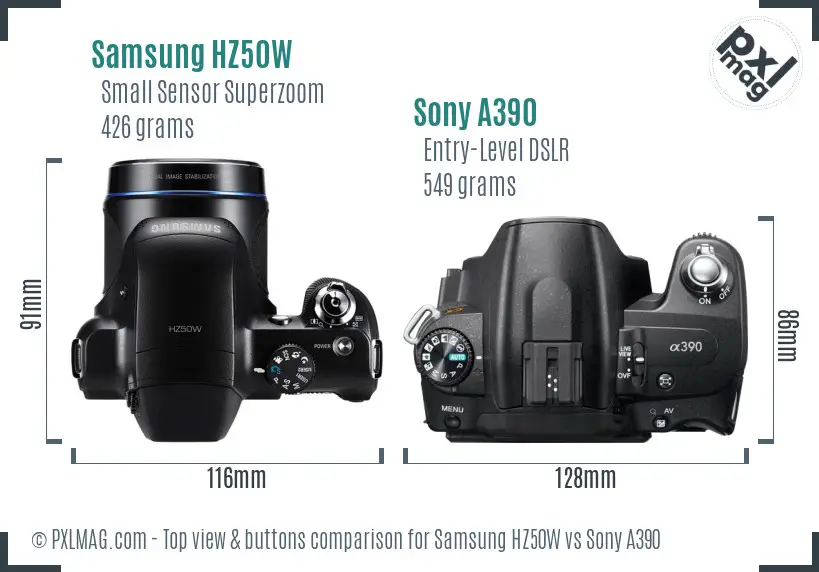 Samsung HZ50W vs Sony A390 top view buttons comparison