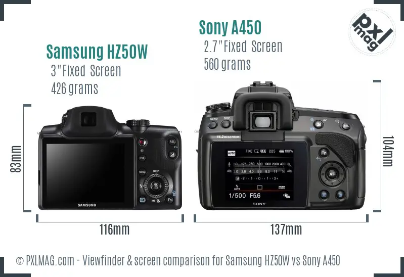 Samsung HZ50W vs Sony A450 Screen and Viewfinder comparison