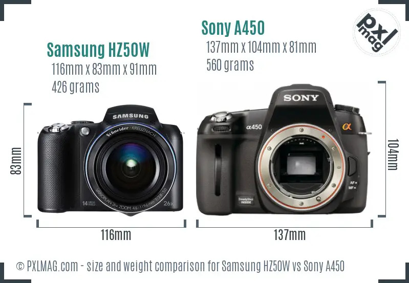 Samsung HZ50W vs Sony A450 size comparison