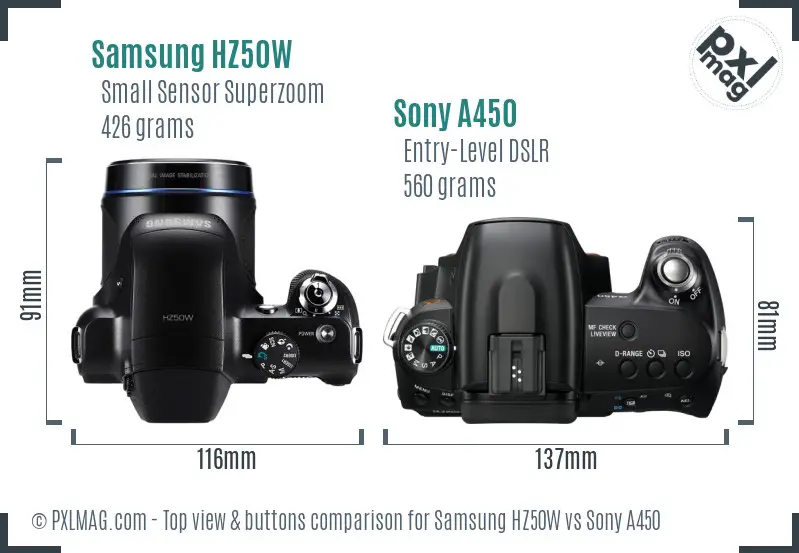 Samsung HZ50W vs Sony A450 top view buttons comparison