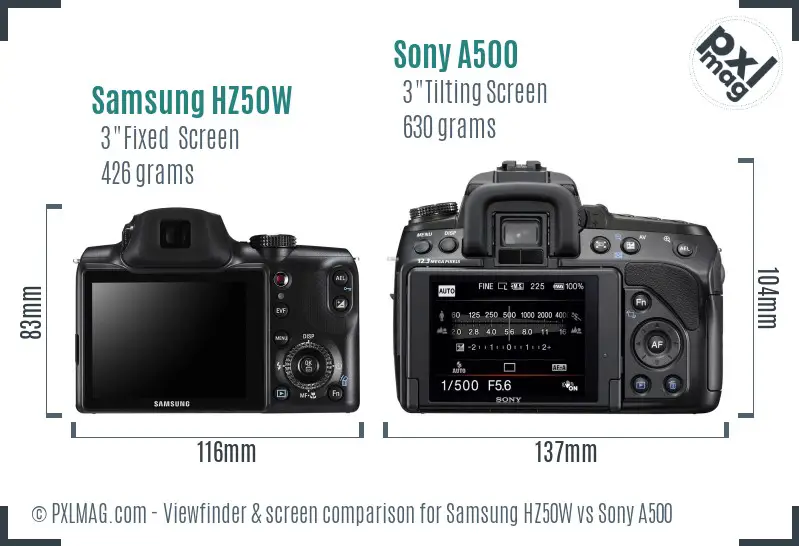 Samsung HZ50W vs Sony A500 Screen and Viewfinder comparison