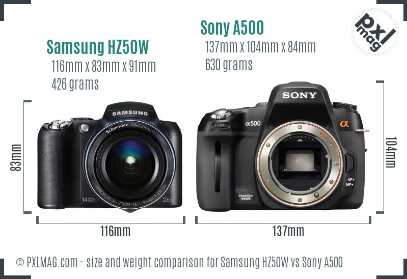 Samsung HZ50W vs Sony A500 size comparison
