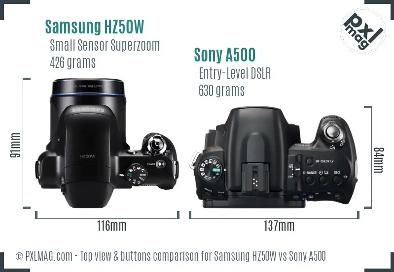 Samsung HZ50W vs Sony A500 top view buttons comparison