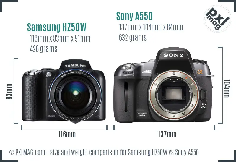 Samsung HZ50W vs Sony A550 size comparison