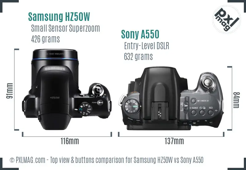 Samsung HZ50W vs Sony A550 top view buttons comparison