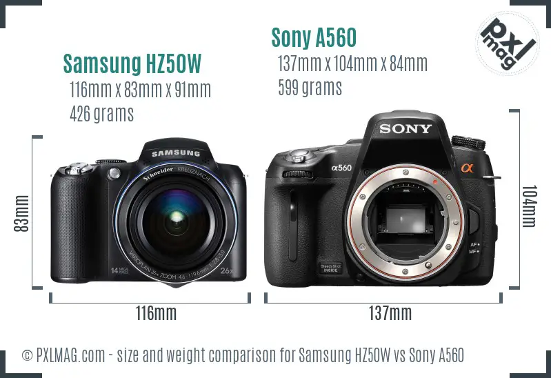 Samsung HZ50W vs Sony A560 size comparison